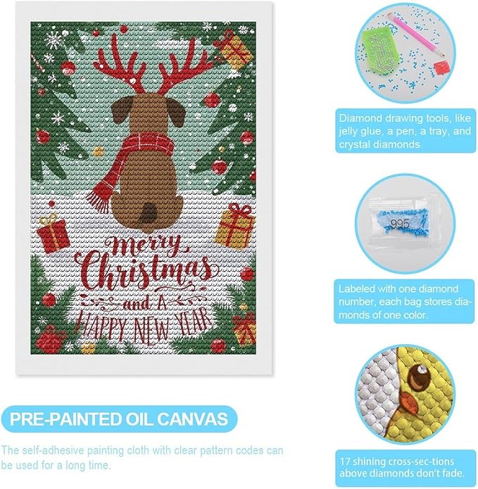 AIVKIEJK Diamond Painting Kits for Adults - Merry Christmas and Happy New Year Red Antlers & Scarf Painting DIY 5D Full Drill Diamond Dots Paintings with Diamonds Gem Art and Crafts Home Decor 8"x12"