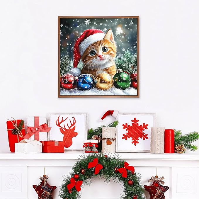 MEIYUDA Christmas Cat Diamond Painting Kits for Adults, 5D Cute Cat Diamond Art Kits for Beginners, DIY Gem Art Crystal Painting for Home Wall Decor and Present 12x12inch