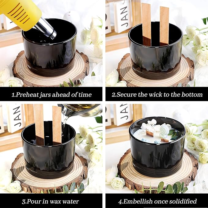 CONNOO 6-Pack 16 oz Black Candle Jars - 3-Wick Empty Glass Wide Mouth Candle Jars Come with Bamboo Lids, Sticky Warning Labels, and a Candle Wick Kit for Candle Making - Dishwasher Safe