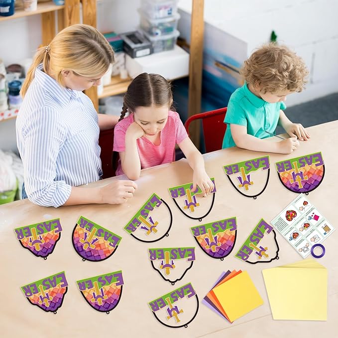 Qyeahkj 36 Set Religious Easter Cross Suncatchers Crafts for Kids DIY Christian Resurrection Window Tissue Paper Craft Kit Hanging Decor for Sunday School Activity Art Project Birthday Party Favor