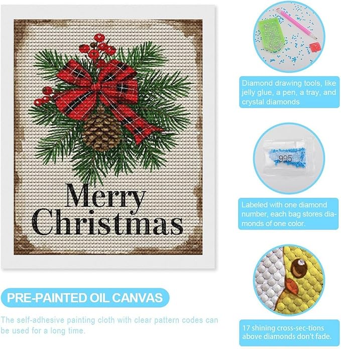 AIVKIEJK Diamond Painting Kits for Adults - Merry Christmas Holly, Pine Cones & Red Plaid Bow Painting DIY 5D Full Drill Diamond Dots Paintings with Diamonds Gem Art and Crafts Home Decor 16"x20"