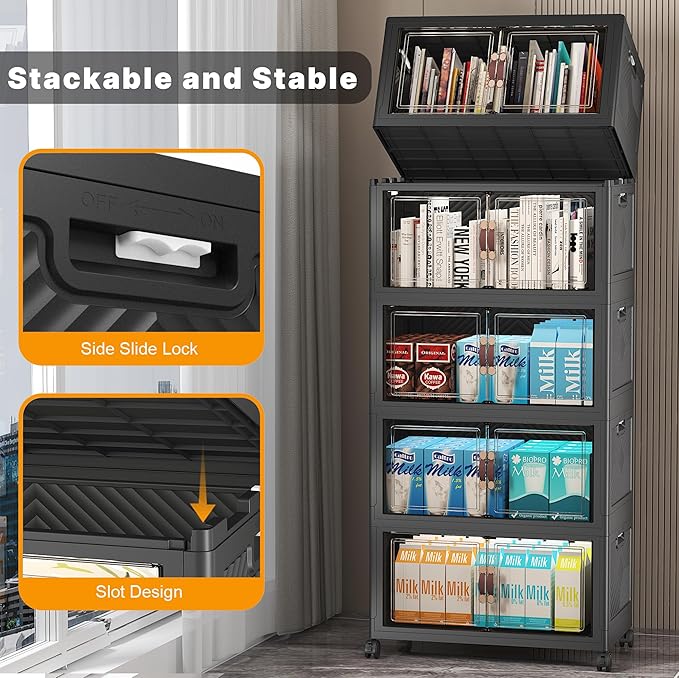 Stackable Storage Bins with Lids, 275QT Closet Organizers and Storage with Doors and Wheels, Extra Large Storage Cabinet, Collapsible Plastic Drawers for Bedroom Kitchen Office Garage