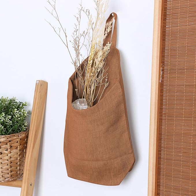 100% Linen Hanging Storage Bags Baskets 2 Pcs, Small Wall Storage Bag for Kitchen, Bedroom, RV Camper Organizer, Sewing Room, Nursery Storage, Kids Room (Brown)