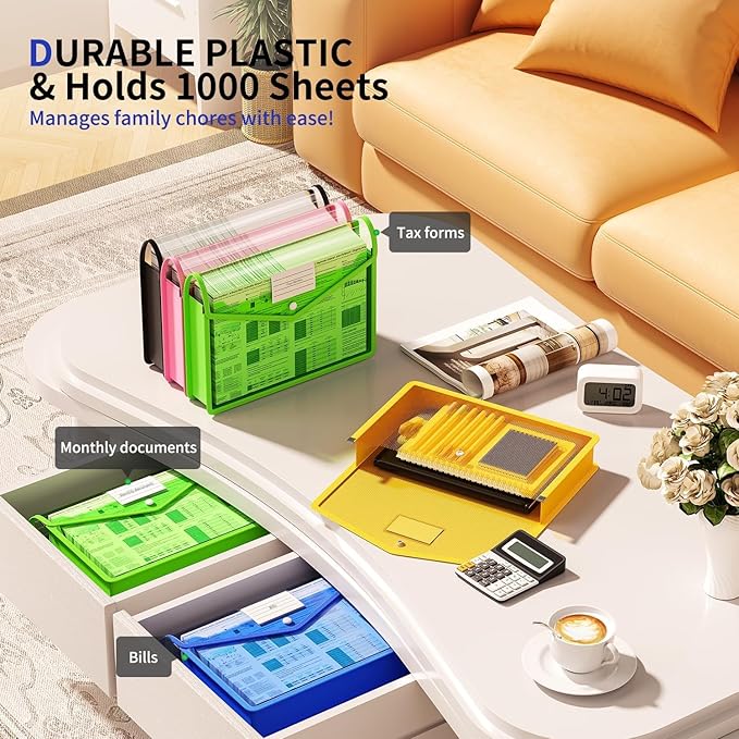 7 Pack Plastic Expanding File Folder, Transparent envelopes with Snap Closure,No Dividers,Large Capacity,Assorted Colors,Bills&Taxes,Letter/A4 Size for School/Office/Home