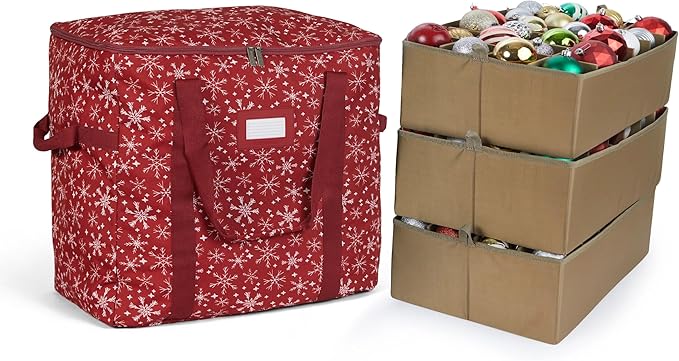 Covermates Keepsakes Adjustable Ornament Storage Bag – Heavy-Duty Polyester, Padded Dividers & FlexGrid Trays – Protective Holiday Ornament Organizer with Handles & Label Window, Red Snowflake