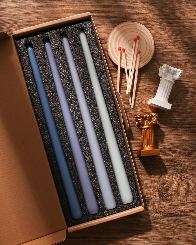 12-Inch Taper Candles 4 Pack - Tapered Candlesticks - Smokeless, Unscented, Long Burning - Hand Poured, Colored for Home Decor Wedding, Dinner - Blue
