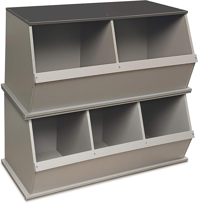 Badger Basket Three-Bin Stackable Storage Cubby – Woodgrain Gray, Expandable Storage with Top Display Shelf for Toys, Crafts & More