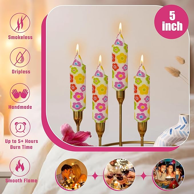 5 inch Short Candle Floral Candle Sticks Printed Candlestick Handmade Unscented Taper Candle 4 Pack Colorful Flower Tapered Candles for Home Dinner Wedding Holiday
