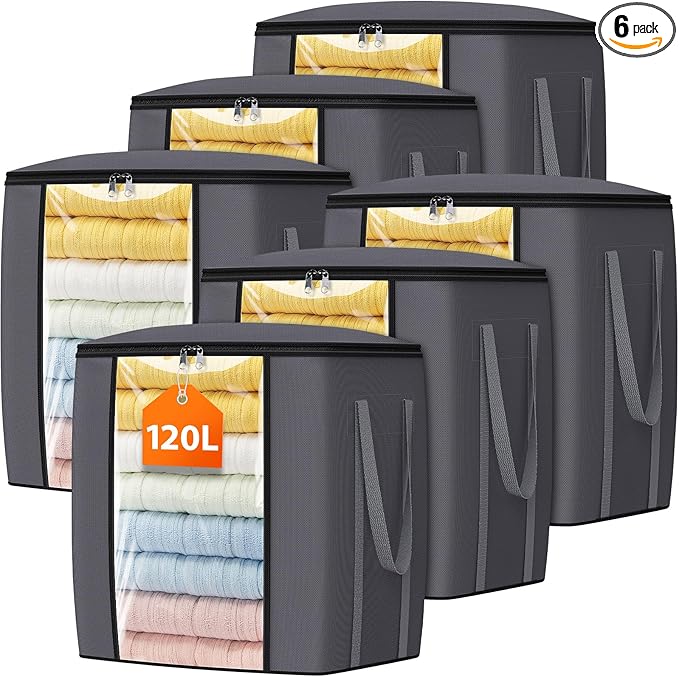 TasticTotes 120L Extra Large Clothes Storage Bags, Foldable Blanket Storage and Organization, Thick Fabric Containers with Reinforced Handles & Zippers for Clothing, Comforters, Bedding, Gray, 6 Pack