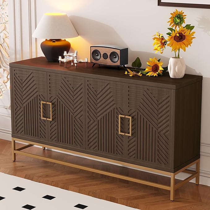 Amposei Retro Accent Sideboard Cabinet 59.8-Inch Credenza Console Storage Cabinet Dining Buffet Table with 4 Doors & Adjustable Shelves for Living Room Entrance, Espresso