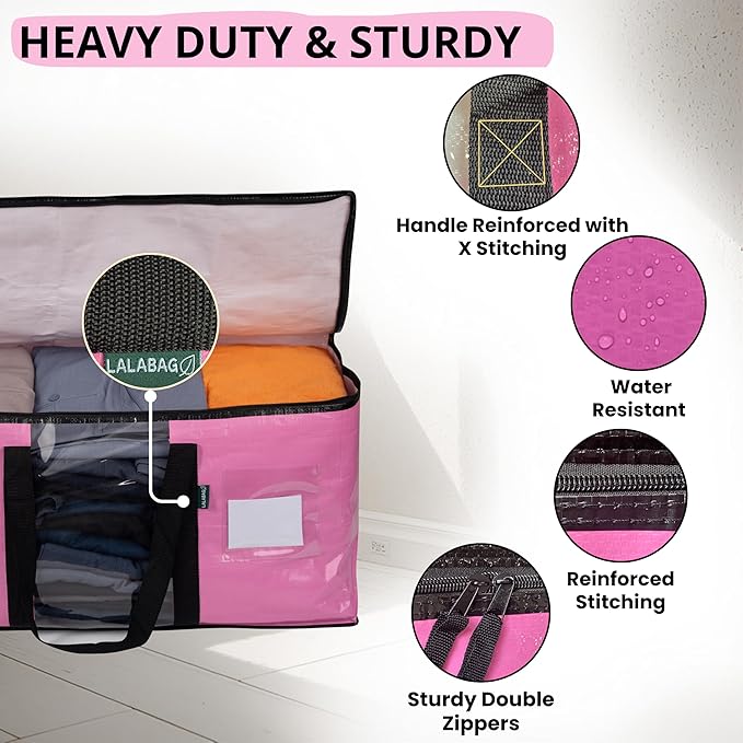 6-Pack Extra Large Heavy Duty Moving Bags with Zippers & Reinforced Handles - Pink Clothes Storage Bags, Oversized Packing Totes for Moving & Organizing