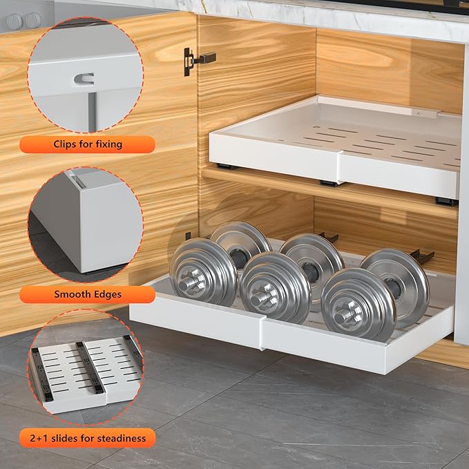 DEKAVA 2 Pack Pull Out Cabinet Organizer Expandable, Adhesive with Nano Film, Pull Out Drawers for Cabinets in Kitchen, Pantry or Bathroom (White, 21"DEEPX[12"-20'']Width-2PACK)