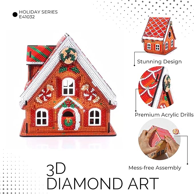 Party Ready 3D Diamond Painting Gingerbread House Christmas Cabin Kit – DIY Holiday Décor, Full Drill Mosaic Art, Festive Craft Kit (Gingerbread House 3)