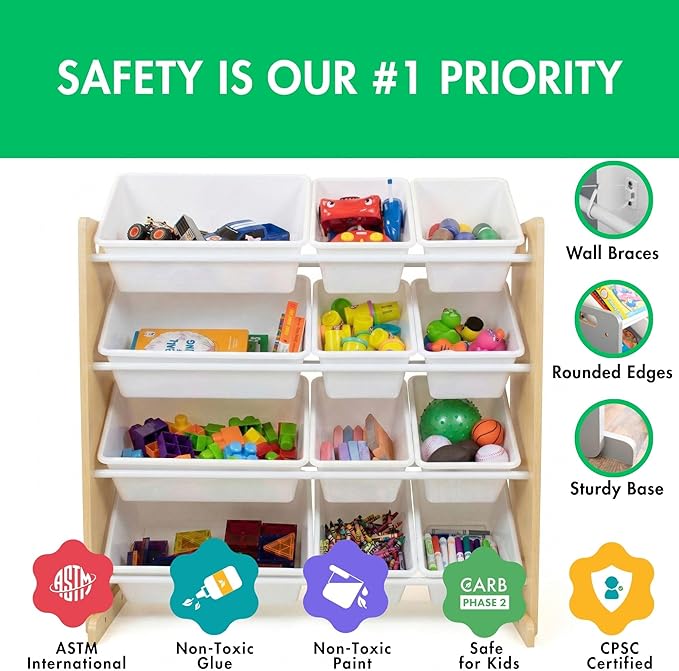 Humble Crew Kids Toy Storage Organizer with 12 Plastic Bins, Natural/White – Removable Bins for Playroom, Bedroom, Toddler Furniture for Boys and Girls Ages