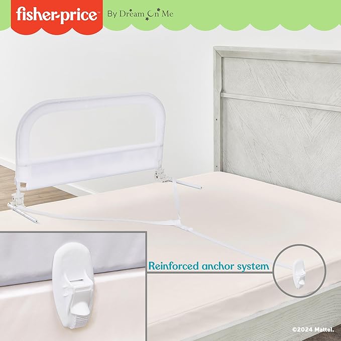 Dream On Me Fisher-Price Little Naps Bed Rail for Toddlers in White, Suitable for All Types of Beds, No Tool Assembly for Toddler Bed Rail