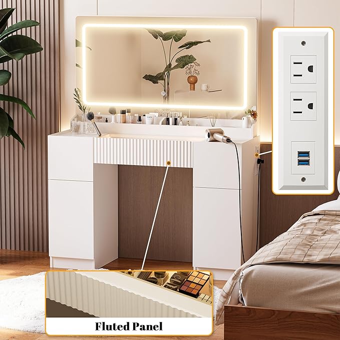 INNOD 44" Vanity Desk with Large Mirror and Lights, Modern Glass Top Makeup Vanity Set with Power Outlet, 3 Drawers and 2 Cabinet, 3 Lighting Color Adjustable Dressing Table for Bedroom,Pure White