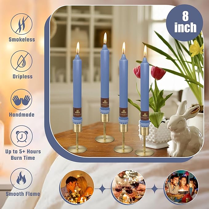 Haze Blue Candlesticks 8 inch Taper Candles- Dripless and Smokeless Candle Unscented - Slow Burning Candle Sticks - Pack of 4