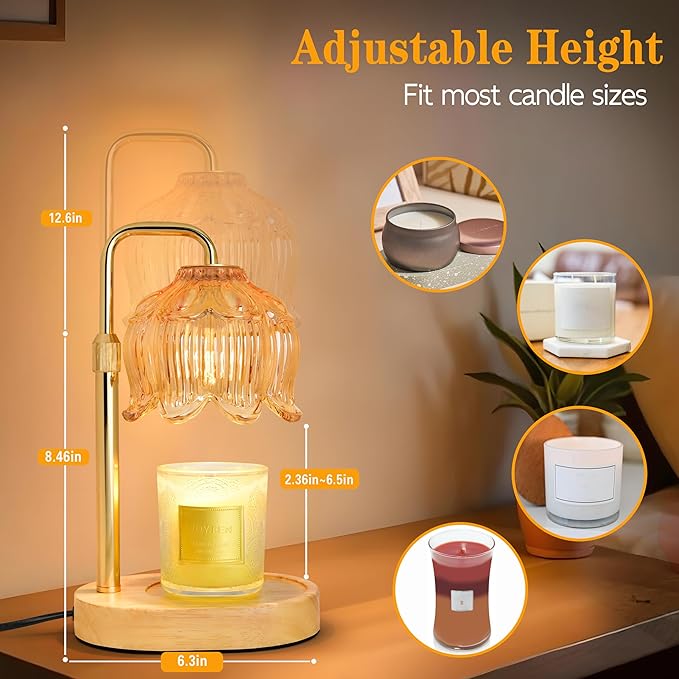 Candle Warmer Lamp with Timer Dimmer, Adjustable Height Candle Wax Warmer, Christmas Birthday Gift for Mom Women, House Warming Gifts for New Home Bedroom Decor, (Lotus Flower-Amber)