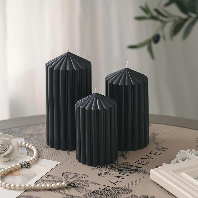3 Pack Black Ribbed Pillar Candles - Soy Wax Unscented, 2.76" x4.2/4.9/5.9 in Smokeless Non Toxic Cotton Wick, Aesthetic Modern Candles for Home Decor, Dinner Table, Living Room, Housewarming Gift