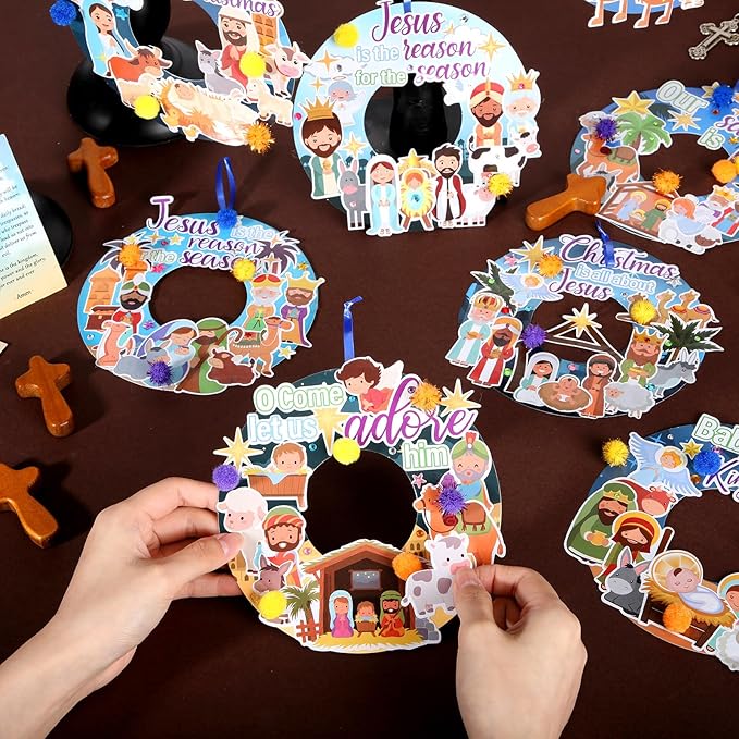 Hollowfly 48 Sets Nativity Crafts Kits Religious Jesus DIY Wreath Signs Hanging Ornaments Make Your Own Nativity Scene Sticker Craft for Holy Night Christian Easter Party Favors Activities