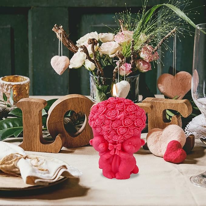 ZAKVOOR Rose Bear Shape Candle Mold Valentine's Day Resin Casting Silicone Mold for DIY Aromatherapy Candles Wax Plaster Polymer Clay Decoration