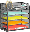 Paper Organizer Letter Tray with Handle, 5-Tier Black Stackable Desk Organizer with Metal Mesh, Sturdy Paper Tray for Office Desk, Home & Classroom Supplies Storage