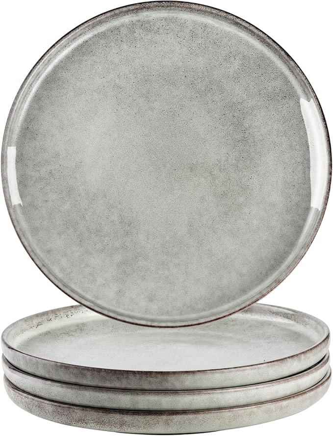 Henten Home 10 Inch Ceramic Dinner Plates, Porcelain Steak Plates Set of 4, Fluted Round Plates for Kitchen, Pasta, Salad Stonware Dishes, Scratch Resistant (Grey)