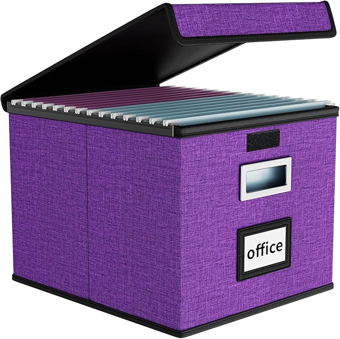 Huolewa File Organizer Box with Lid, Collapsible File Folder Organizer for Office Document Storage, Filing Box with Plastic Slide for Letter Size Hanging File Folders(1 Pack, Purple)