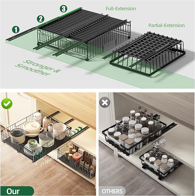 NETEL 2 Pack Expandable Pull Out Cabinet Organizer, Raised 6.69" guardrail, Adjustable Width 13"-20.07", 3 Rails No Drill Adhesive Peel And Stick, Adhesive Pull Out Drawers for Cabinets, Black