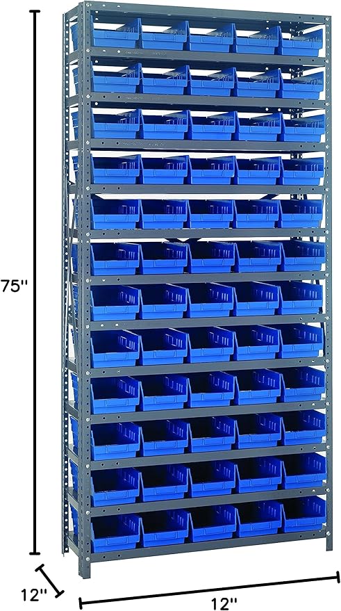 Quantum Storage Systems 1275-102BL Steel Shelving Unit with 4" Shelf Bins, 12" D x 36" W x 75" H, Blue