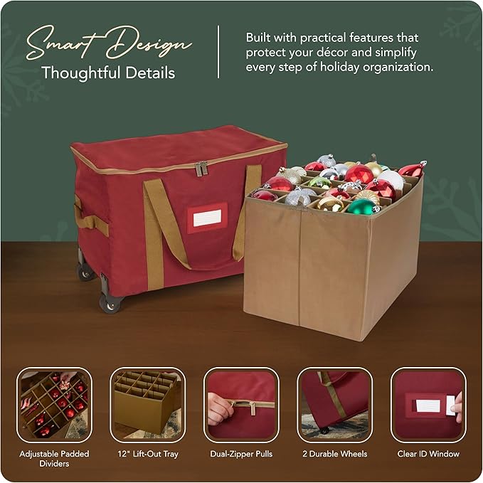 Covermates Keepsakes Rolling Adjustable Ornament Storage Bag – Heavy-Duty Polyester, FlexGrid Trays & Padded Dividers – Protective Holiday Organizer with Wheels, Handles & ID Window, Red