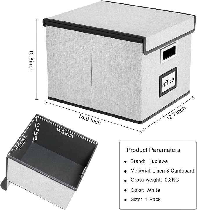 Huolewa File Organizer Box with Lid, Collapsible File Folder Organizer for Office Document Storage, Filing Box with Plastic Slide for Letter Size Hanging File Folders(1 Pack, White)