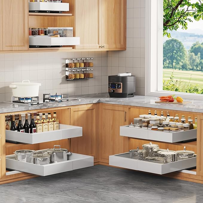 4 Pack Expandable Pull Out Cabinet Organizer 21"Deep With Raising Pad for Framed Cabinets,Upgrade 3 Slide Rails Slide Out Drawers,No Drill Roll Out Shelves,Adjustable Width 12.1"-20.4" White