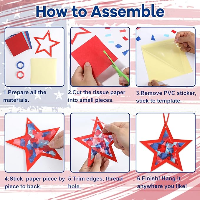 Qyeahkj 36 Set 4th of July Suncatchers Crafts for DIY Patriotic Star Window Tissue Paper Craft Kit Star Hanging Decor for Patriotic Home Activity Art Project Birthday Party Favor Gift