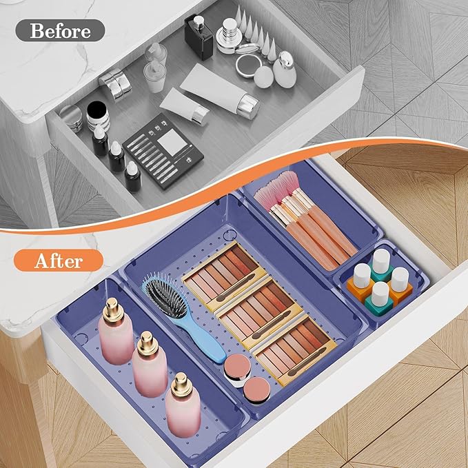 SpaceHacks 25 PCS Plastic Drawer Organizer Set, 4-Size Versatile Organizer Trays & storage Bins for Makeup, Jewelry, and Gadgets in Bathroom, Bedroom and Office,Dark Blue
