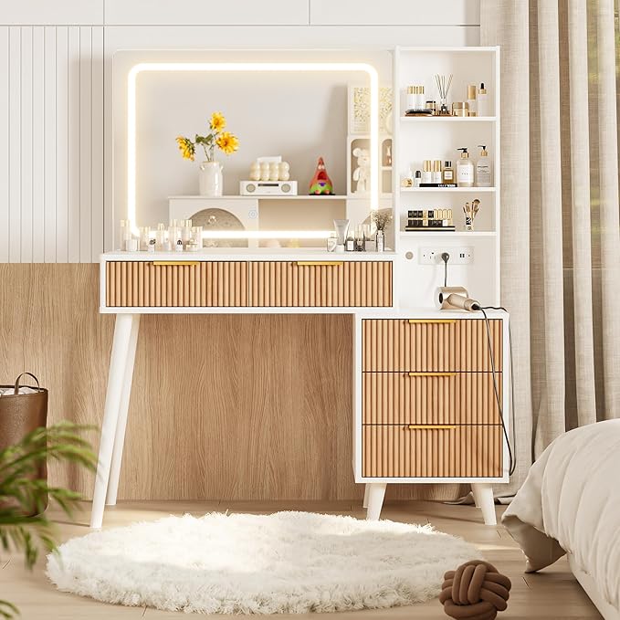 Vanity Desk with Mirror and Lights, Makeup Vanity Desk with Power Outlet, Makeup Desk with 5 Drawers Storage Shelves, Vanity Table 3 Color Modes Adjustable Brightness Dressing Table Set for Bedroom