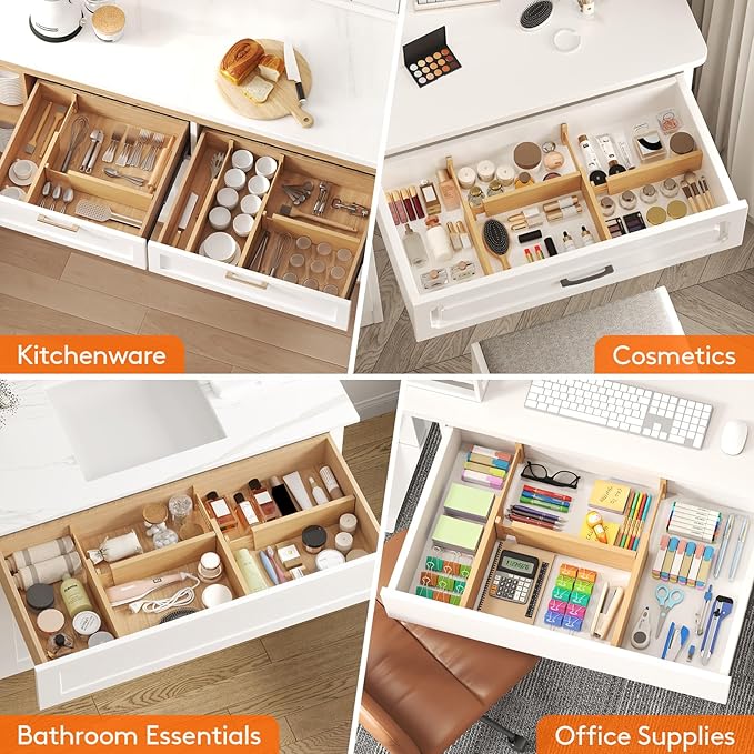 Lifewit 4" High 8 Pack Bamboo Drawer Dividers 31-40cm/12-16 Adjustable Wooden Drawer Organizer for Clothes/Utensils, Expandable Drawer Separator for Dresser/Kitchen/Bedroom/Office Organization