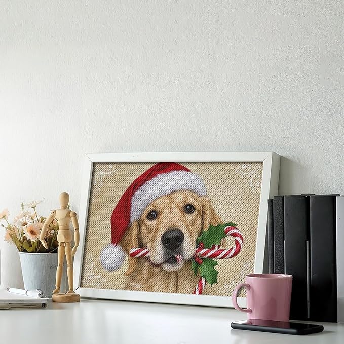 Diamond Painting Kits for Adults - Christmas Golden Retriever Puppy in Santa Hat with Candy Cane Painting DIY 5D Full Drill Diamond Dots Paintings with Diamonds Gem Art And Crafts Home Decor 8"x12"