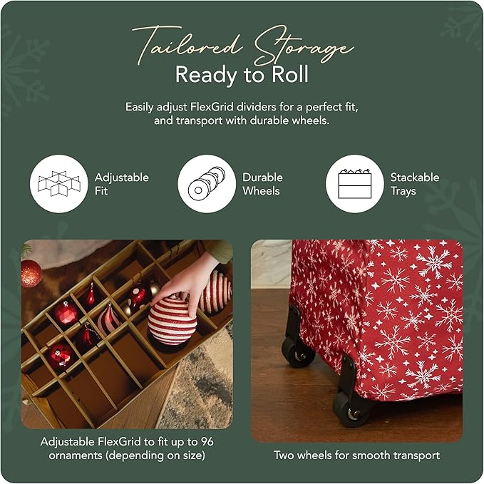 Covermates Keepsakes Rolling Adjustable Ornament Storage Bag – Heavy-Duty Polyester, FlexGrid Trays & Padded Dividers – Protective Holiday Organizer with Wheels, Handles & ID Window, Red Snowflake