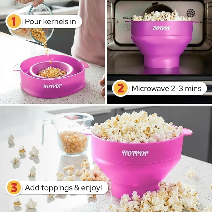 The Original Hotpop Microwave Popcorn Popper, Silicone Popcorn Maker, Collapsible Bowl BPA-Free and Dishwasher Safe- 20 Colors Available (Pink)