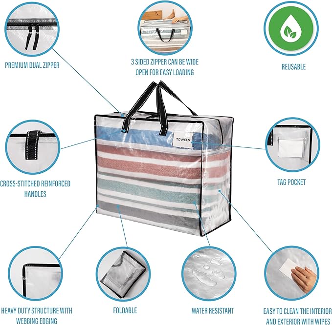 VENO 4 Pack Heavy Duty Moving Bags, Storage Bags, Packing Supplies, Top Zipper, Storage Totes for Camping, Clothes, Bedding, Comforters, Pillows (22 Gallon Clear, 4 Pack)