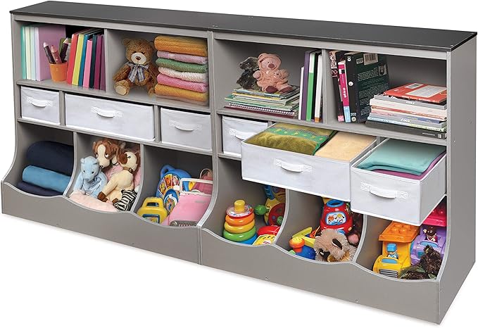 Badger Basket Combo Toy Storage Organizer and Bookshelf - Kids Storage Unit with 3 Removable Baskets, Open Shelves, Top Display Surface - Woodgrain and Gray