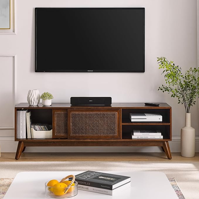Amposei Mid Century Modern Wooden TV Stand Entertainment Center for 55/60/65 inch TVs, Sliding Rattan Door Console Storage Cabinet with Wood Legs for Living Room, Walnut