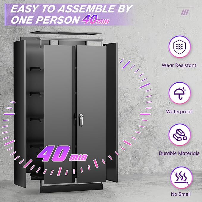 Superday Metal Storage Cabinets, 72" Storage Cabinet with Locking Door, Tall Garage Cabinet with 2 Doors and 4 Adjustable Shelves for Home Office, Classroom, Easy Assemble(Black)