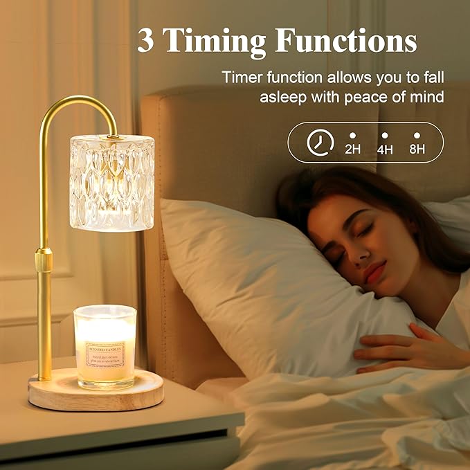 Dreamholder Electric Candle Warmer Lamp with Timer & Dimmer, Adjustable Height Wax Melt Warmer for Jar Candles, Wood Base Candle Melter, Floral Home Decor Gifts for Women, Mom, Natural Wood