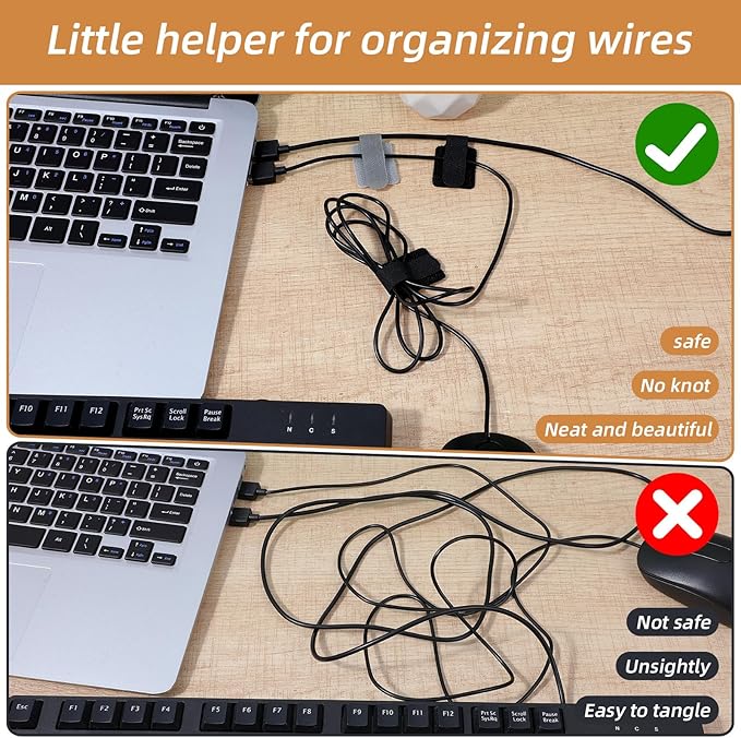 Cord Organizer, 40 PCS Adjustable Cable Management Under Desk, Reusable Hook and Loop Cable Ties, Self Adhesive Wire Organizers for Home Office (Black, Gray)