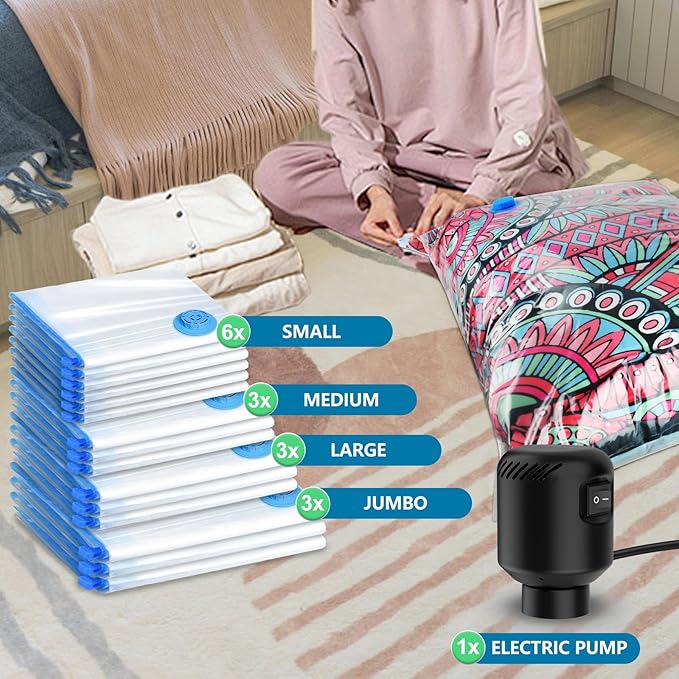 kissleaf 15 Pack Vacuum Seal Bag for Clothing with Electric Air Pump,Space Saver Vacuum Storage Bags for Clothes,Mattress, Blanket, Duvets, Pillows(3 Jumbo/3 Large/3 Medium/6 Small Bags)