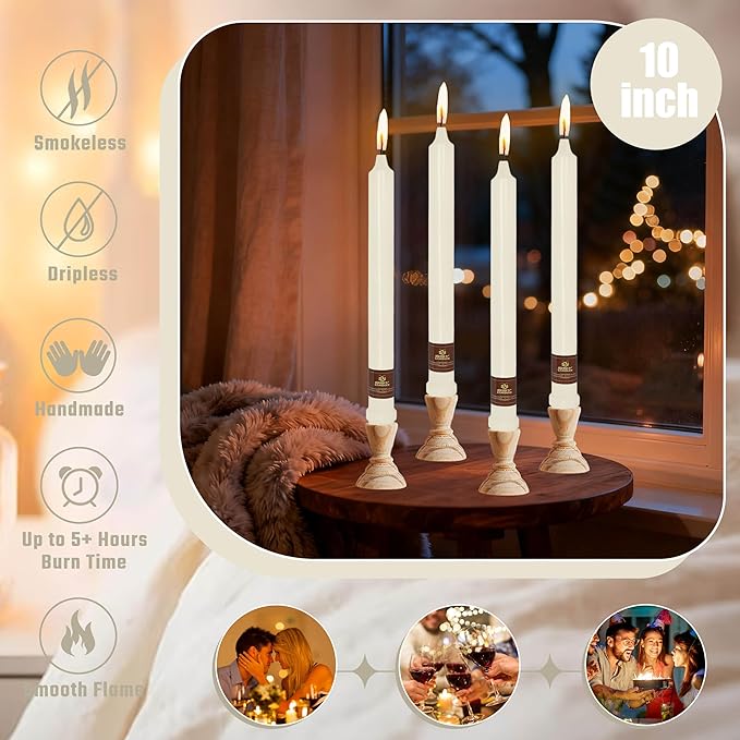 Ivory Candlesticks 10 Inch Handmade Dripless Taper Candles Unscented Colored Candle Set, Pack of 4 - Up to 8 Hours Burn