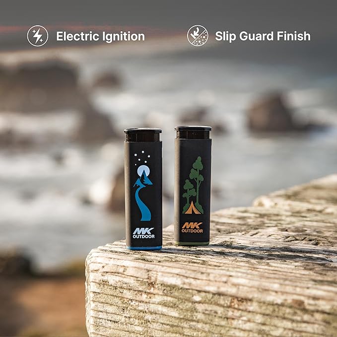 MK Lighter Outdoor Series Alpine Set 5-Pack Assorted Design Multipurpose Refillable, Windproof Flame, Slip Guard Candle & BBQ, Prepping & Camping Supplies, Survival Lighters (OUTDOORSMEN)