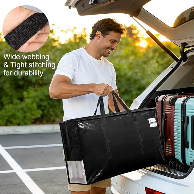 6Pcs Extra Large Heavy Duty Moving Bags with Reinforced Zippers & Handles, 67L Waterproof Storage Tote Bag Bins Alternative to Box Moving Supplies Space Saving for Travel College Dorm Essentials Black